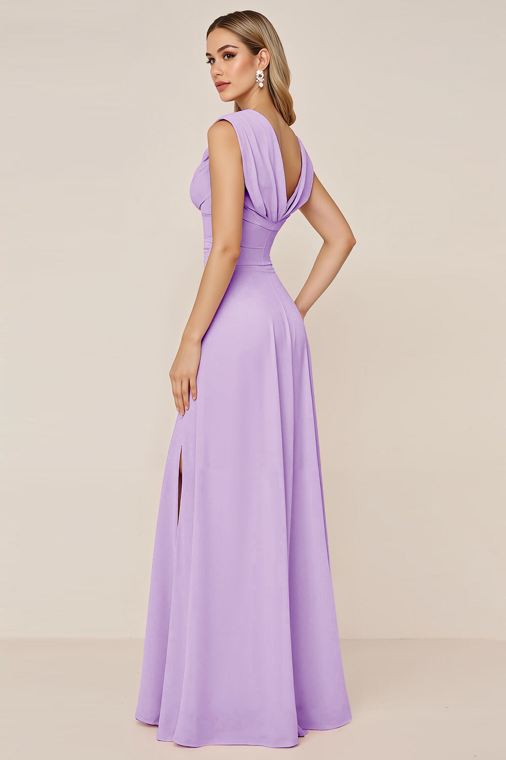 Candy Pink Chiffon Cowl Neck Long Bridesmaid Dress with Slit