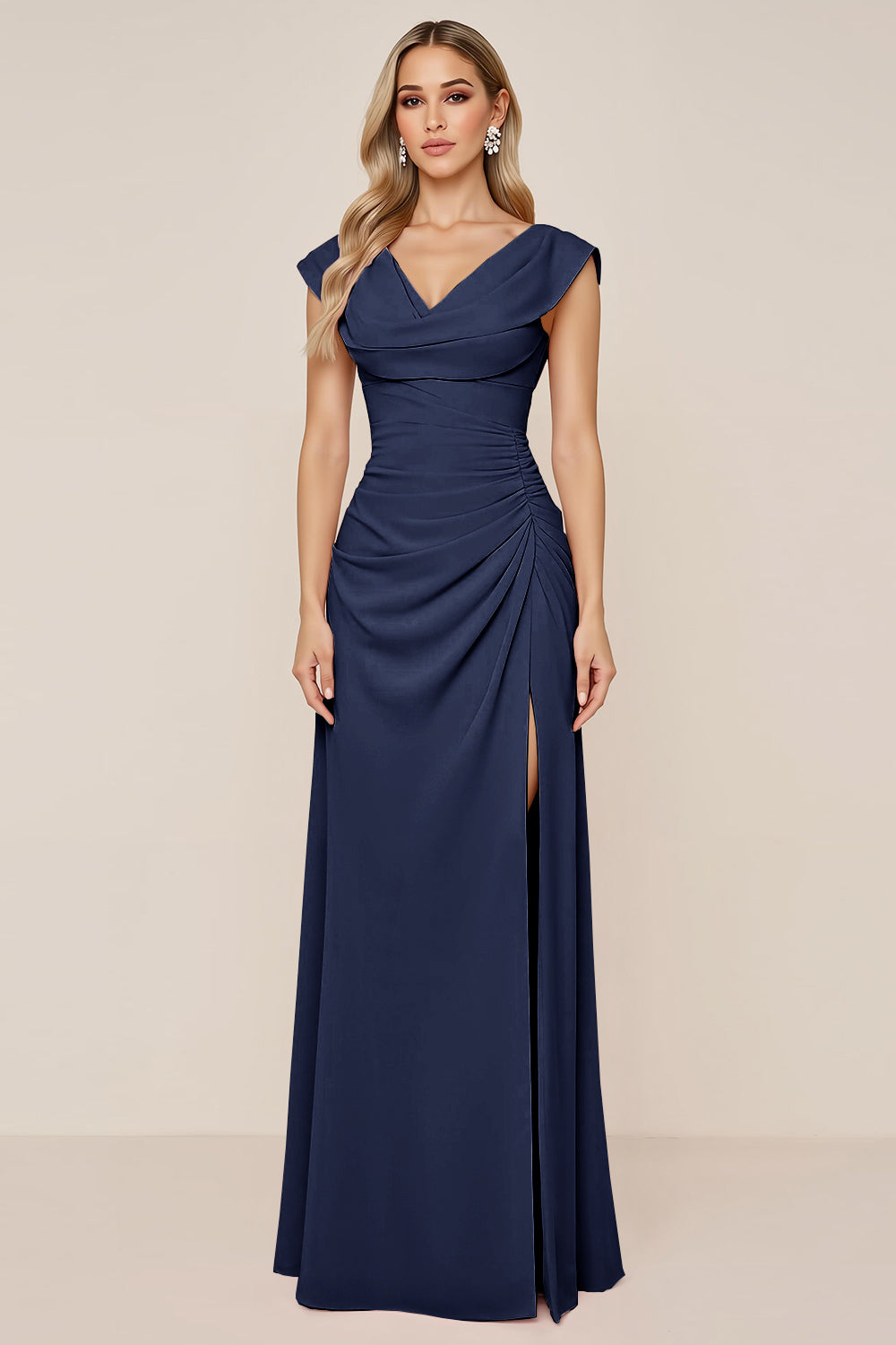 Dark Green Chiffon Cowl Neck Long Bridesmaid Dress with Slit
