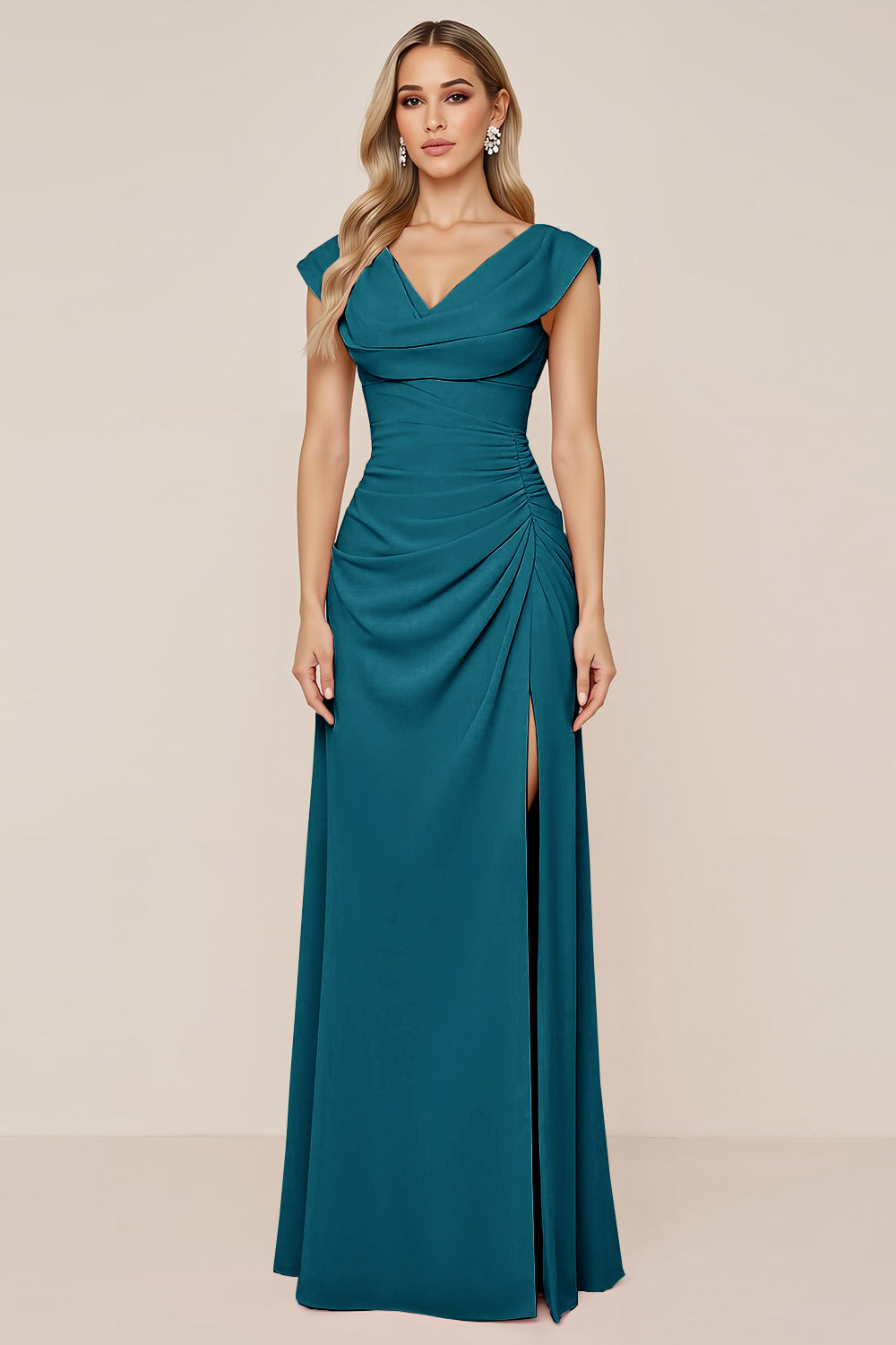 Dark Green Chiffon Cowl Neck Long Bridesmaid Dress with Slit