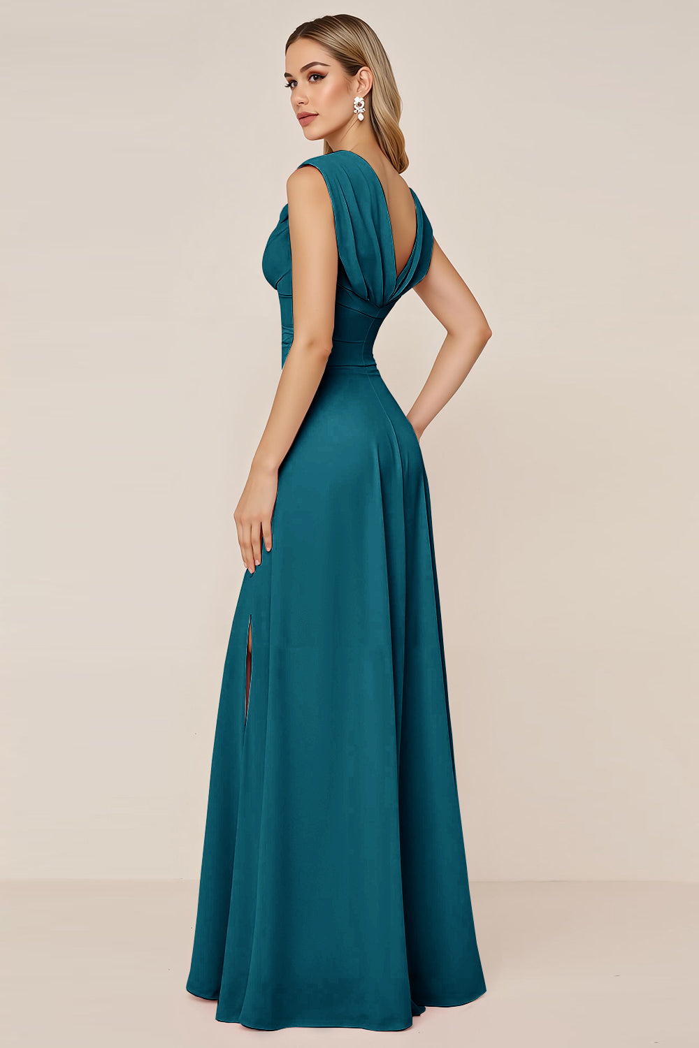 Dark Green Chiffon Cowl Neck Long Bridesmaid Dress with Slit