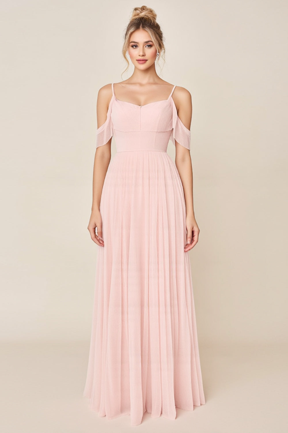 Blushing Pink A Line Cold Shoulder Tulle Long Bridesmaid Dress
