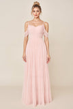 Blushing Pink A Line Cold Shoulder Tulle Long Bridesmaid Dress