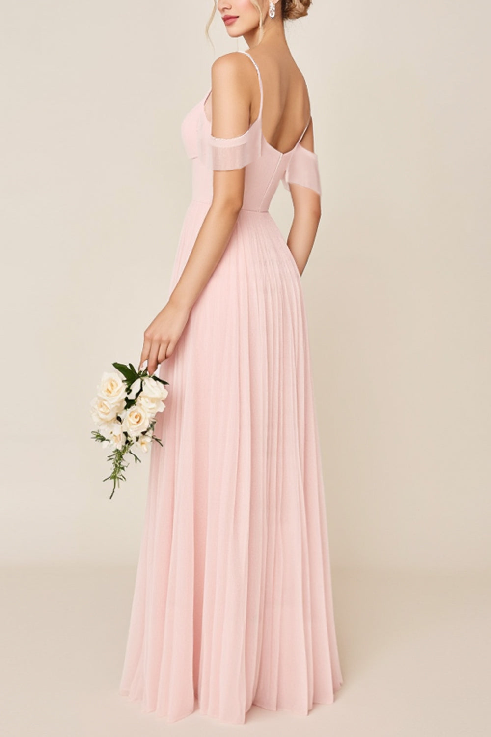 Blushing Pink A Line Cold Shoulder Tulle Long Bridesmaid Dress