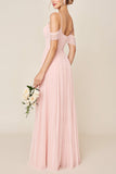 Blushing Pink A Line Cold Shoulder Tulle Long Bridesmaid Dress
