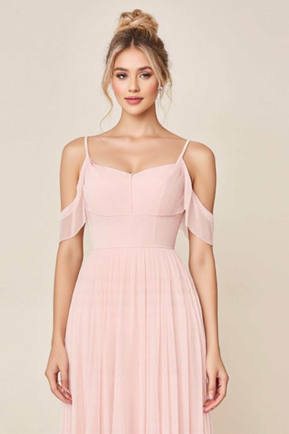 Blushing Pink A Line Cold Shoulder Tulle Long Bridesmaid Dress
