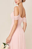 Blushing Pink A Line Cold Shoulder Tulle Long Bridesmaid Dress