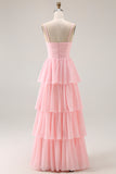 Candy Pink Spaghetti Straps A Line Ruffled Long Bridesmaid Dress