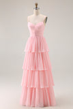 Candy Pink Spaghetti Straps A Line Ruffled Long Bridesmaid Dress