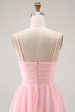Candy Pink Spaghetti Straps A Line Ruffled Long Bridesmaid Dress