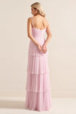 Candy Pink Spaghetti Straps A Line Ruffled Long Bridesmaid Dress