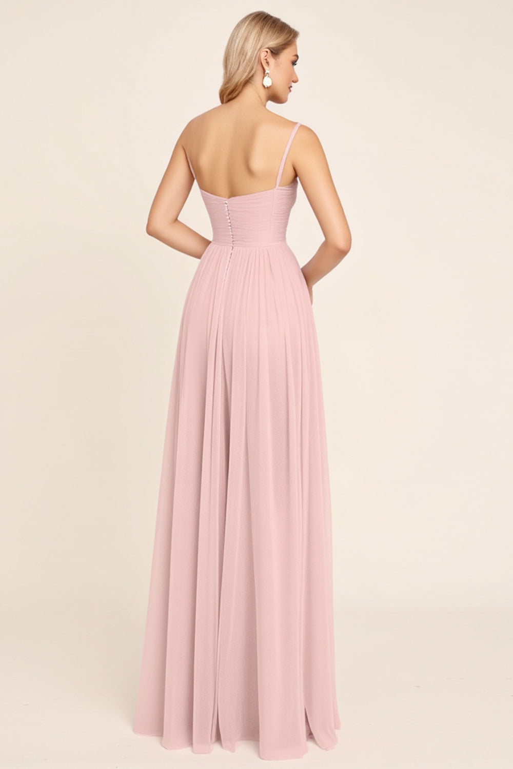 Candy Pink Chiffon A Line Spaghetti Straps Long Bridesmaid Dress
