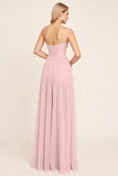 Candy Pink Chiffon A Line Spaghetti Straps Long Bridesmaid Dress