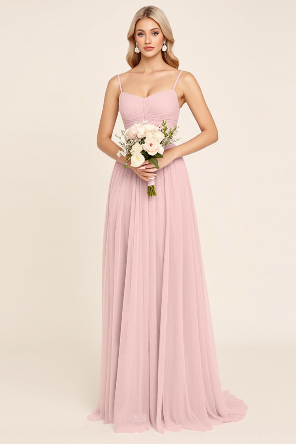 Candy Pink Chiffon A Line Spaghetti Straps Long Bridesmaid Dress