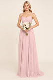 Candy Pink Chiffon A Line Spaghetti Straps Long Bridesmaid Dress