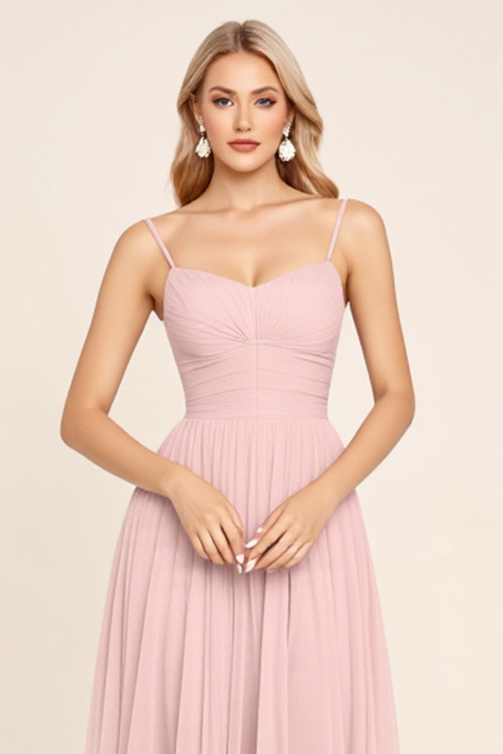 Candy Pink Chiffon A Line Spaghetti Straps Long Bridesmaid Dress
