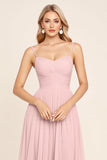 Candy Pink Chiffon A Line Spaghetti Straps Long Bridesmaid Dress