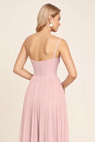 Candy Pink Chiffon A Line Spaghetti Straps Long Bridesmaid Dress