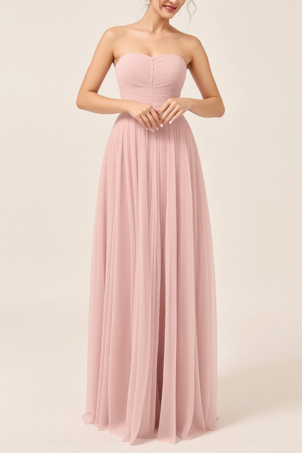 Blush Pink A-Line Strapless Tulle Long Bridesmaid Dress