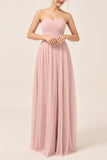 Blush Pink A-Line Strapless Tulle Long Bridesmaid Dress