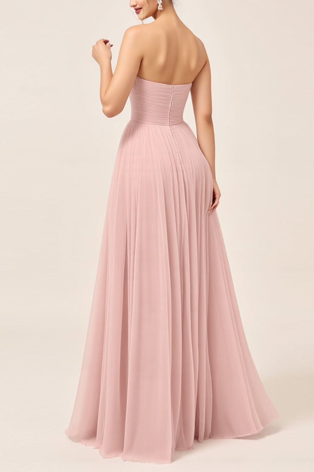 Blush Pink A-Line Strapless Tulle Long Bridesmaid Dress