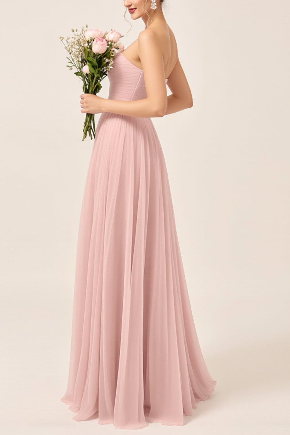 Blush Pink A-Line Strapless Tulle Long Bridesmaid Dress