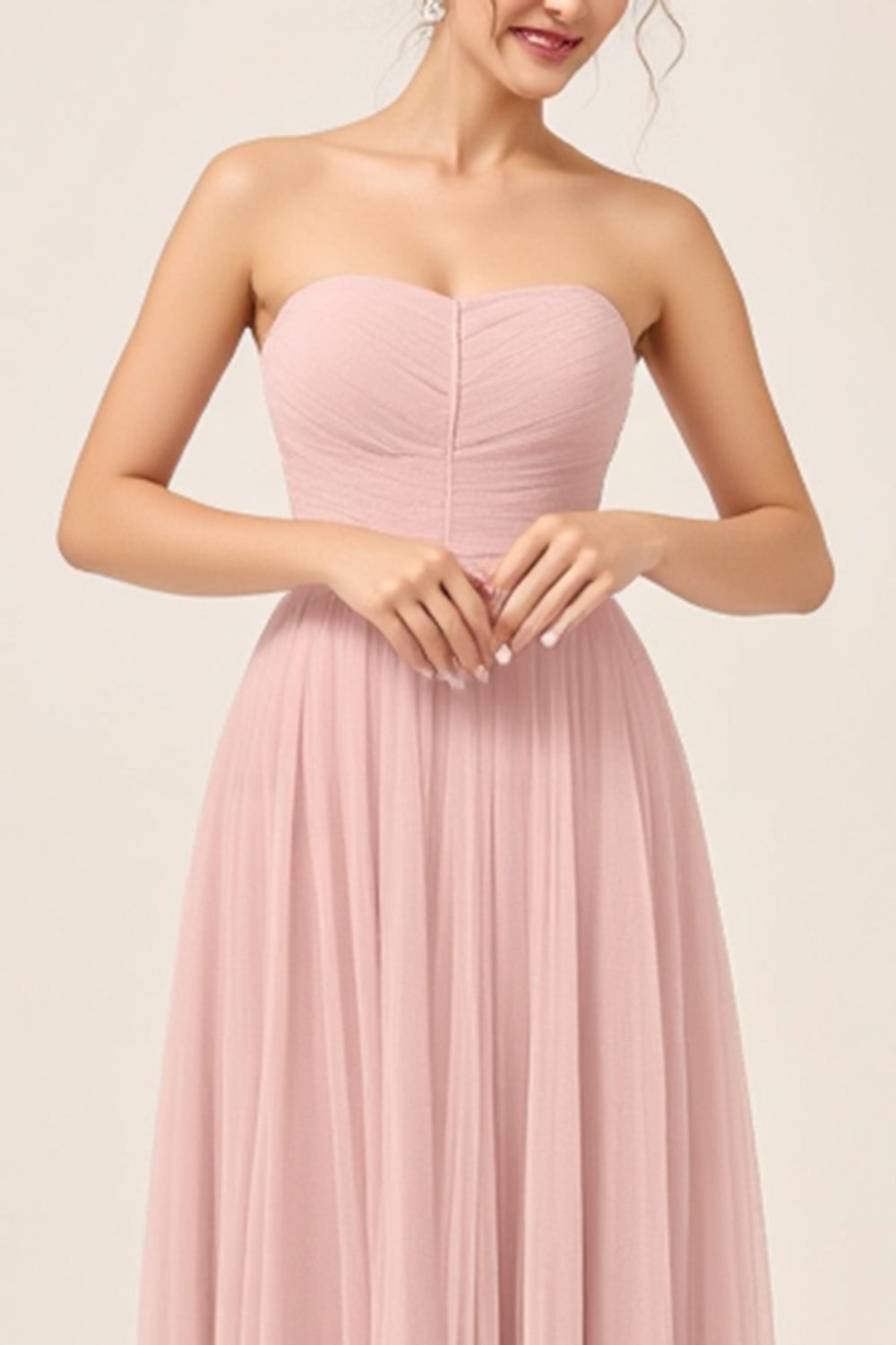 Blush Pink A-Line Strapless Tulle Long Bridesmaid Dress