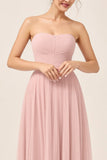 Blush Pink A-Line Strapless Tulle Long Bridesmaid Dress