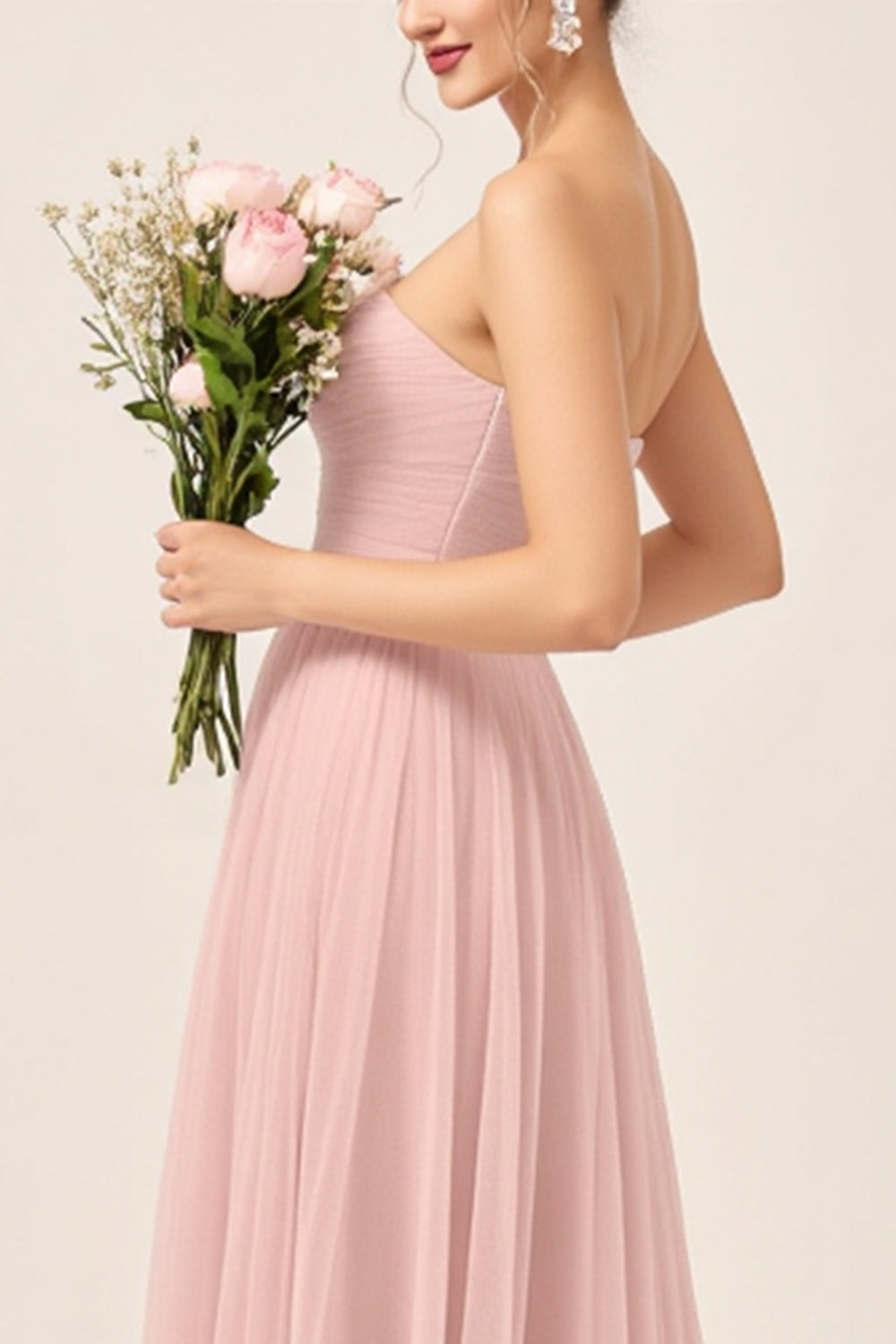 Blush Pink A-Line Strapless Tulle Long Bridesmaid Dress
