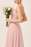 Blush Pink A-Line Strapless Tulle Long Bridesmaid Dress
