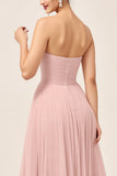 Blush Pink A-Line Strapless Tulle Long Bridesmaid Dress