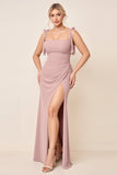 Dusty Rose Spaghetti Straps Ruched Long Bridesmaid Dress with Slit