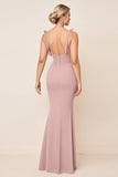 Dusty Rose Spaghetti Straps Ruched Long Bridesmaid Dress with Slit