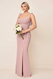 Dusty Rose Spaghetti Straps Ruched Long Bridesmaid Dress with Slit