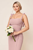 Dusty Rose Spaghetti Straps Ruched Long Bridesmaid Dress with Slit