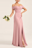Blush Pink Sheath Off the Shoulder Ruched Satin Long Bridesmaid Dress with Slit