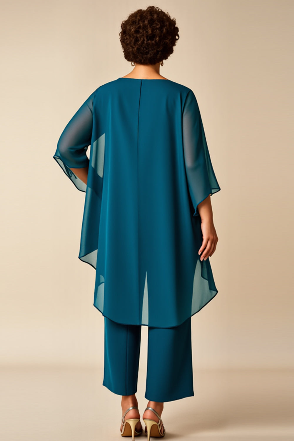 Chiffon Peacock Round Neck Plus Size Mother Of Bride Pantsuits