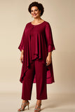 Chiffon Peacock Round Neck Plus Size Mother Of Bride Pantsuits
