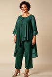 Chiffon Peacock Round Neck Plus Size Mother Of Bride Pantsuits