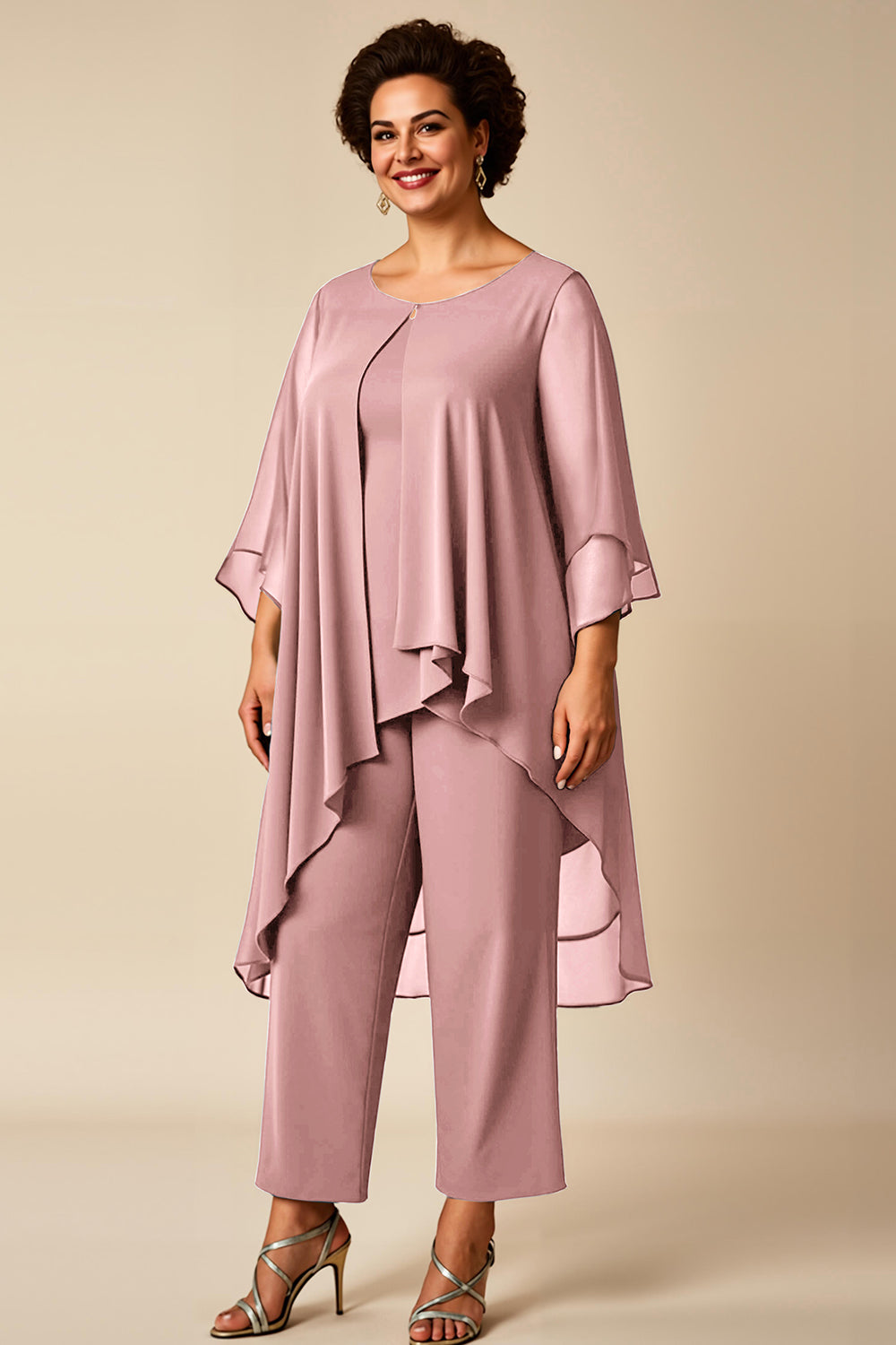 Chiffon Peacock Round Neck Plus Size Mother Of Bride Pantsuits