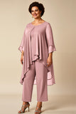 Chiffon Peacock Round Neck Plus Size Mother Of Bride Pantsuits