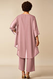 Chiffon Peacock Round Neck Plus Size Mother Of Bride Pantsuits