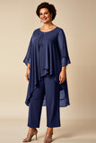 Chiffon Peacock Round Neck Plus Size Mother Of Bride Pantsuits