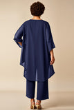 Chiffon Peacock Round Neck Plus Size Mother Of Bride Pantsuits