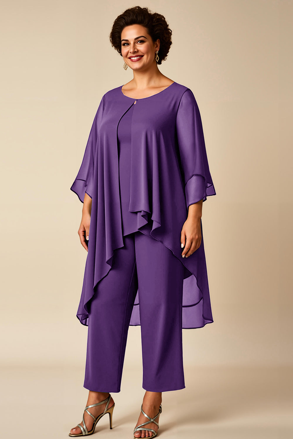 Chiffon Peacock Round Neck Plus Size Mother Of Bride Pantsuits