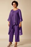 Chiffon Peacock Round Neck Plus Size Mother Of Bride Pantsuits