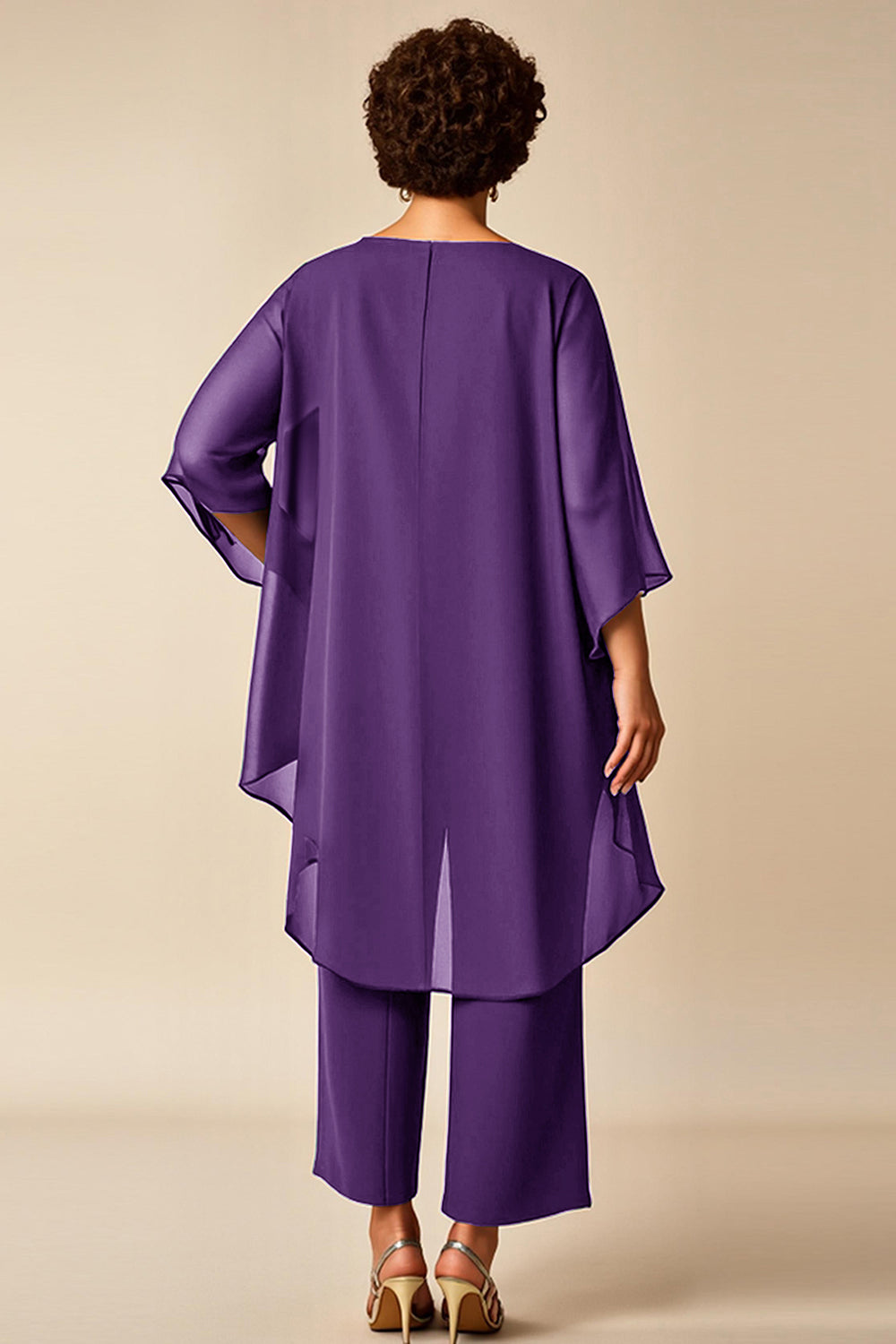 Chiffon Peacock Round Neck Plus Size Mother Of Bride Pantsuits