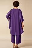 Chiffon Peacock Round Neck Plus Size Mother Of Bride Pantsuits