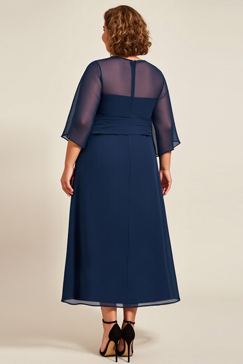 Navy Chiffon A Line Plus Size Mother Of Bride Dress with 3/4 Sleeves