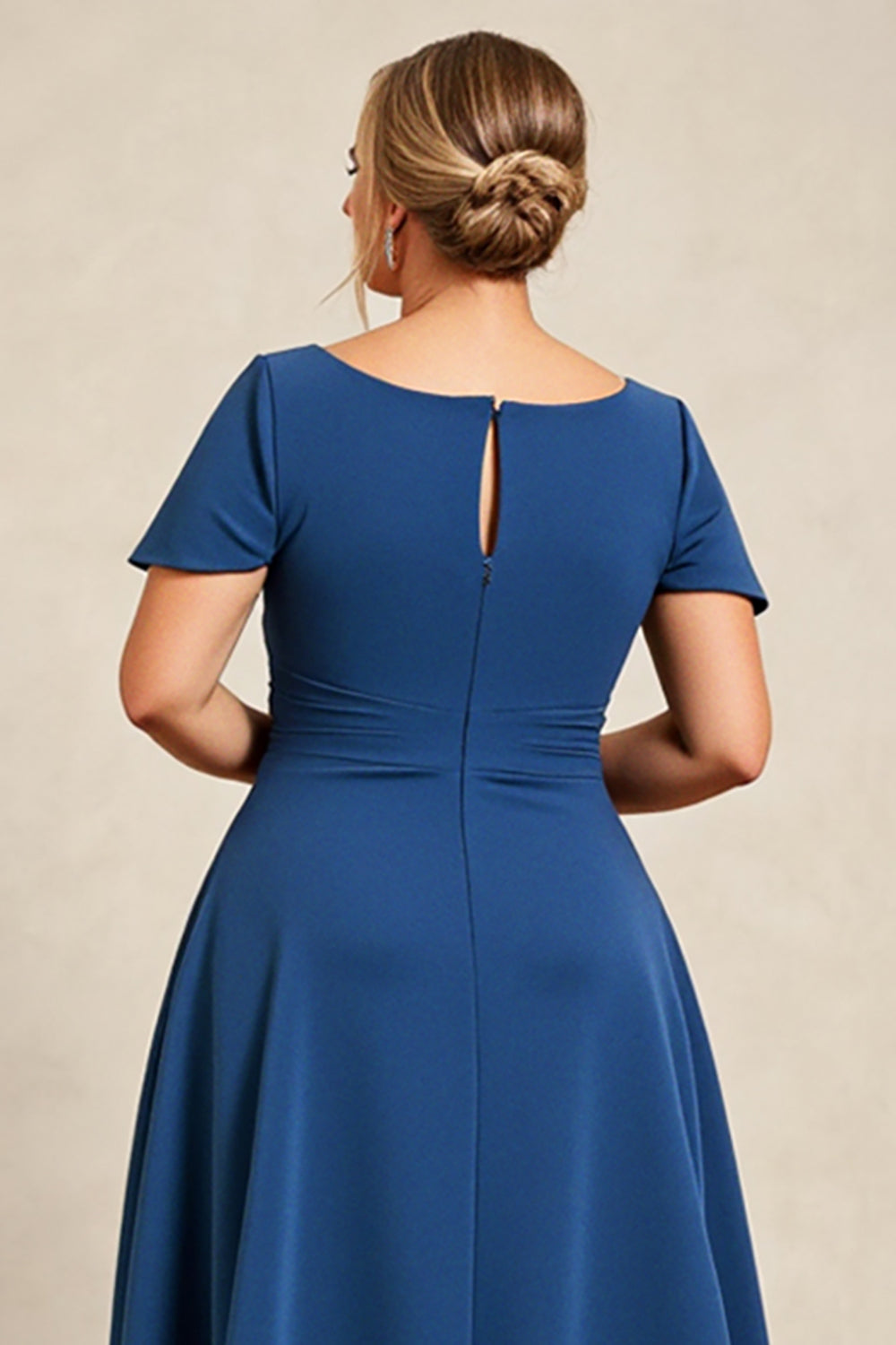 Ink Blue A Line Satin Plus Size Mother of the Bride Dress with Short Sleeves