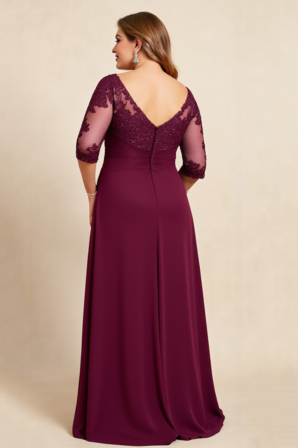 Burgundy V-Neck Chiffon Lace Ruffles Plus Size Mother of the Bride Dress